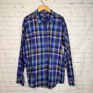 Patagonia Mens XL Organic Cotton Plaid Button Down Shirt Blue Purple Long Sleeve